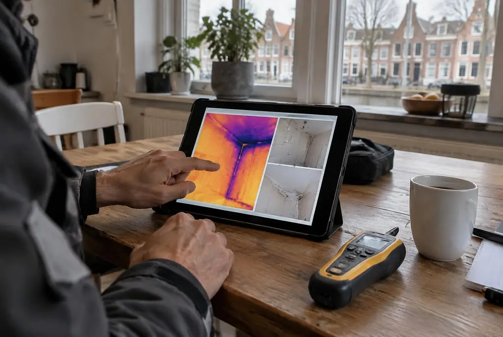 Lekdetectie Nieuwegein – lekdetectierapport met warmtebeelden en foto's op een tablet