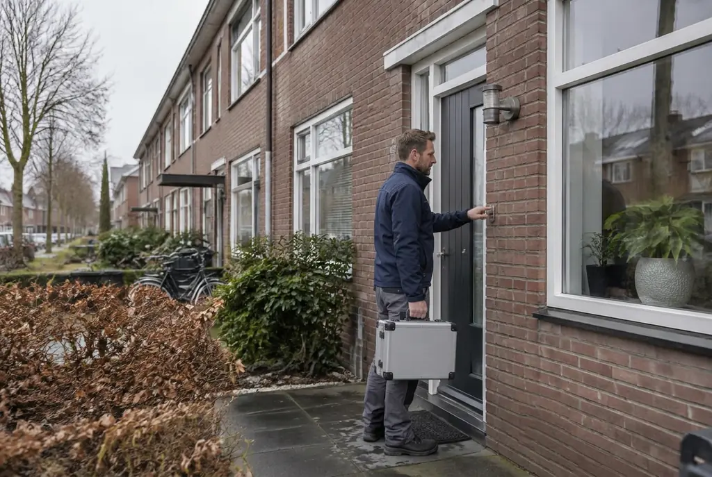 Lekdetectiespecialist met meetkoffer bij de voordeur van een woning in Nieuwegein